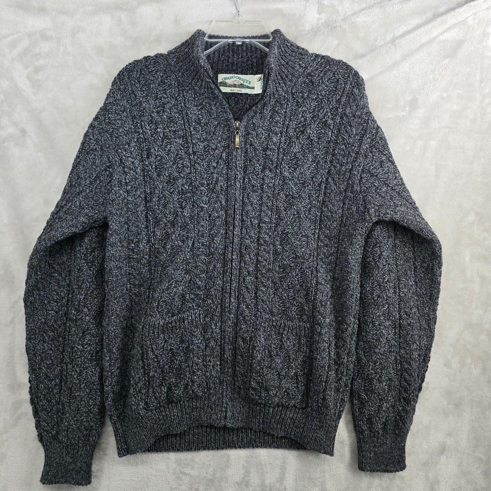 Aran Crafts Ireland‎ Mens Small Charcoal Grey Wool Cable Knit Full Zip Sweater